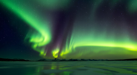 Majestic Northern Lights Display Over Frozen Lake in Night Landscape