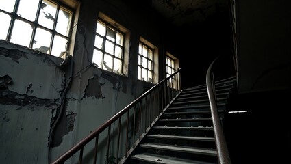 Fototapeta premium Abandoned Building Staircase Interior: Atmospheric and Decayed Urban Exploration Scene
