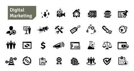 Digital Marketing and SEO Icons Set. Social Media, Communication, Technology, Advertising, Ecommerce, Cyberspace, Target Audience, Website Icons Editable Stroke Vector Illustration
