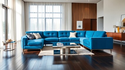 Naklejka premium Modern Living Room Featuring a Stylish Blue Sectional Sofa