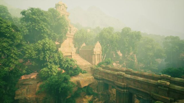 A serene view reveals ancient temple ruins enveloped by thick greenery in Thailands jungle. The morning mist adds a mystical quality to this historical site, inviting exploration and reflection.