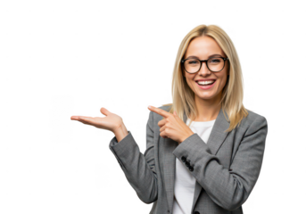 Smiling woman in blazer and glasses pointing to the side with an open hand
