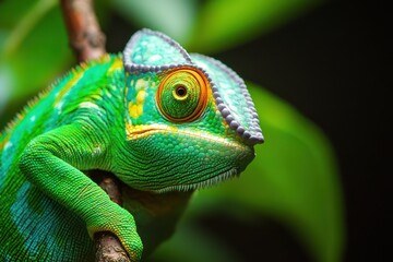 A vibrant green chameleon clinging to a branch, its eyes moving independently as it surveys its tropical surroundings