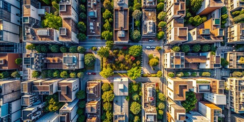 Minimalist Aerial Cityscape: Urban Architecture, Green Spaces, and Streets