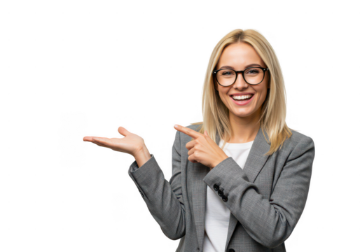 Smiling woman in blazer and glasses pointing to the side with an open hand