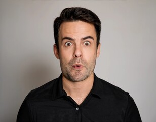 Fototapeta premium A surprised young man with wide eyes and an open mouth, expressing shock or amazement. He wears a black t-shirt and stands against a neutral background. Perfect for emotion and reaction concepts.