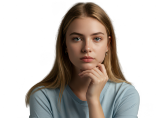 Portrait of a young woman with blonde hair and blue eyes resting her chin on her hand looking serious