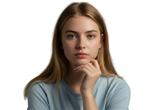 Portrait of a young woman with blonde hair and blue eyes resting her chin on her hand looking serious