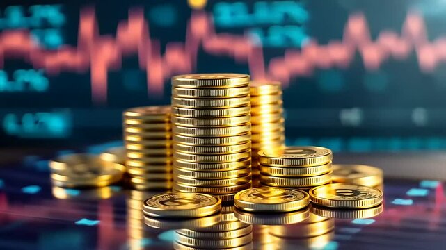 Stacks of shiny gold coins on a financial chart background depicting cryptocurrency trends and analysis