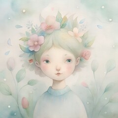Fototapeta premium A radiant baby girl softly cradles a delicate pink blossom watercolor artwork illustration