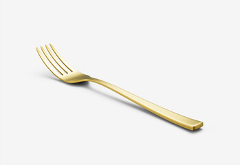 A sleek gold-plated fork with a reflective finish and a slightly curved handle. 3D Illustration