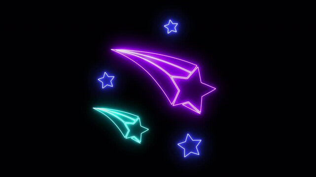 Outline neon glowing shooting stars animated icon with led light. Flying comet simple symbol isolated on white background. Planetary object. Astronomy, space theme pictogram. Neon falling stars.