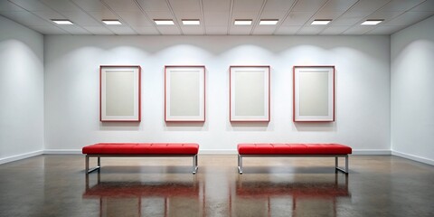 Minimalist Art Gallery Interior: Empty Frames, Red Bench, White Walls - High-Resolution Stock Photo