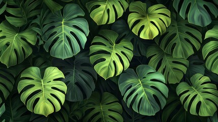 Tropical Green Seamless Pattern with Monstera Leaves and Flowers