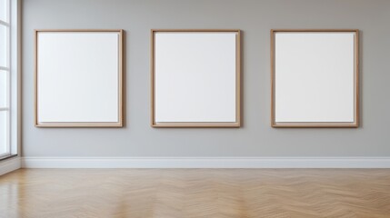 A minimalist art gallery featuring three empty frames on a gray wall, emphasizing space and potential for creativity.