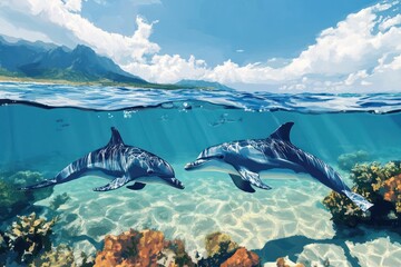 A vivid digital painting of dolphins playing in crystal-clear tropical waters, surrounded by vibrant coral reefs