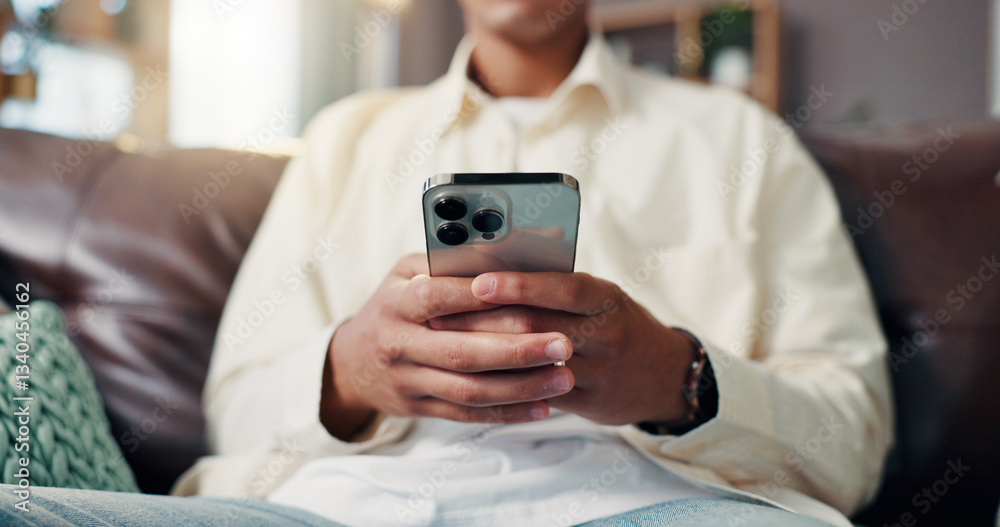 Leinwandbilder phone, hands and man on sofa in home for social networking on mobile app for connection. cellphone, 