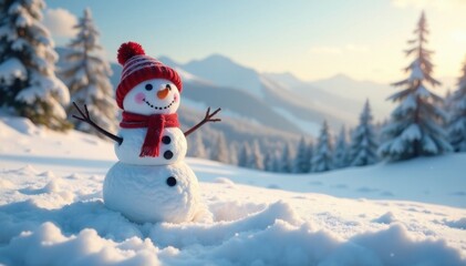 Obraz premium Wholesome snowman standing alone in a snowy landscape with rolling hills and pine trees , snowflake, white snow