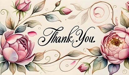 A delicate 'Thank You' written in artistic watercolor-style calligraphy, surrounded by soft floral elements like roses and peonies on a pastel-colored background.