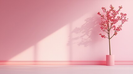 Obraz premium A serene pink interior featuring a flowering tree in a pot, casting soft shadows, creating a calm and inviting atmosphere.