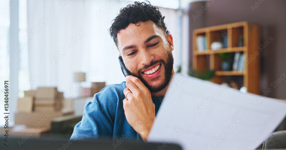 Aufkleber small business, phone call and man in home with paperwork, smile and boxes for ecommerce. contact, d