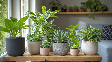 Fototapeta premium stylish living room featuring various indoor plants arranged on wooden shelf, creating fresh and vibrant atmosphere