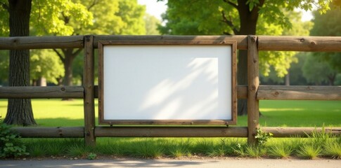 Fototapeta premium Wooden fence in park setting with a realistic outdoor poster mockup displayed , nature, scenery