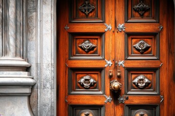 A stylized depiction of an ancient church doorway with geometric shapes representing its intricate carvings