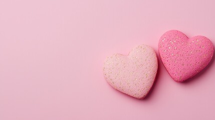 Obraz premium Two heart-shaped items in soft pastel colors lie on a pink background, evoking feelings of love and tenderness.