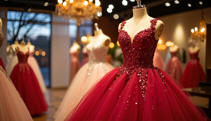 Fototapeta premium Elegant mannequins displaying stunning evening gowns in showroom, prom