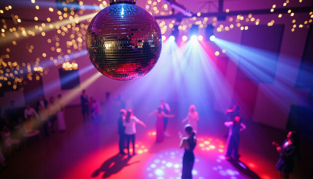 Teenagers dancing under sparkling disco ball at prom night, celebration - Powered by Adobe