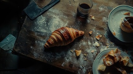 Rustic breakfast scene with croissant and coffee.