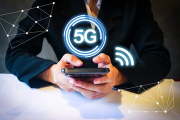 5G mobile technology concept with high speed wireless connection. Futuristic digital communication for fast internet, smart devices, and innovation. Perfect for technology, network, and business theme