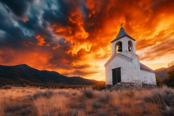 A weathered bell tower of an ancient church, with the bell visible and the sky filled with dramatic clouds