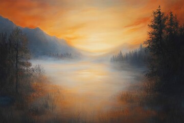 Fototapeta premium A cozy oil painting emphasizing the warm tones of the sunset and mist.