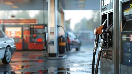 Fototapeta premium A modern gasoline pump at a filling station, showing the pump handle and display.