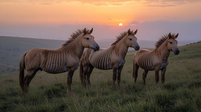 Zebroid horses at sunset savanna landscape