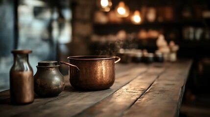A rustic kitchen scene with copper pots and jars on a wooden table, evoking warmth and tradition.