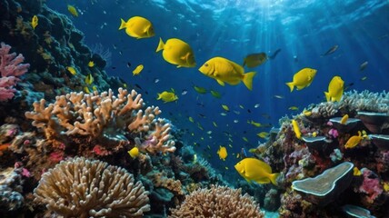 Obraz premium Vibrant coral reef teeming with yellow fish, underwater scene, sunlight beams through water, nature photography, educational use