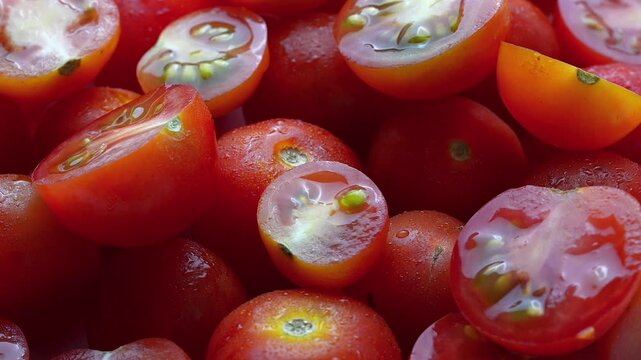 Cherry tomatoes whole and half cut kept on rotating disc. Close up video of cherry tomatoes