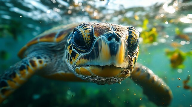 Close-up of a Hawksbill sea turtle underwater.