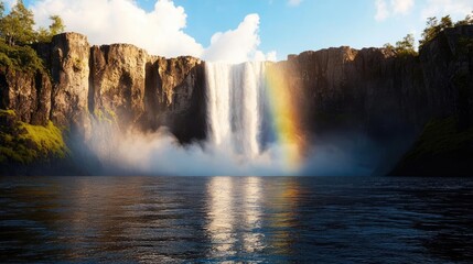 Fototapeta premium Rainbow waterfall landscapes pristine concept. A stunning waterfall with a rainbow creating a beautiful natural landscape.