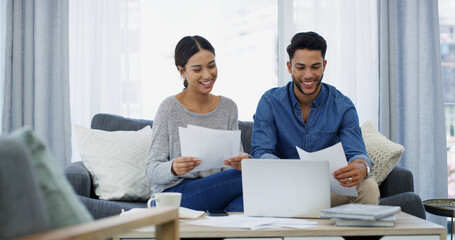 Smile, planning or couple with paperwork, laptop or salary budget for household bills or mortgage....