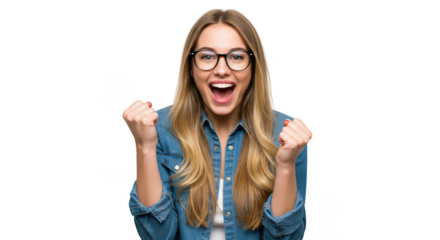 Woman with glasses and denim shirt celebrating with clenched fists