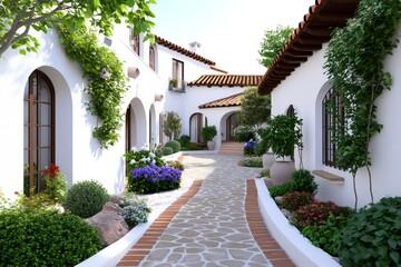 Naklejka premium Mediterranean courtyard with plants, flowers and cobblestone paving
