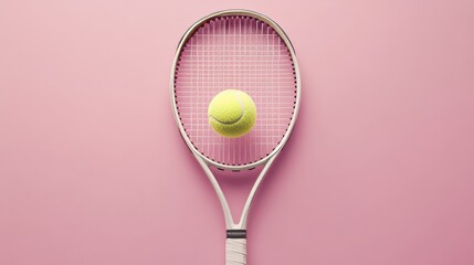 Close-up of tennis racket and bright green tennis ball on white background, professional sports equipment for match preparation, training, or fitness lifestyle concept




