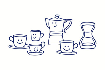 Minimalistic playful vector logo of coffee cups, mugs, and pots with funny cartoon illustrations, smiling characters, and graphic elements for advertising, branding, posters, and banners