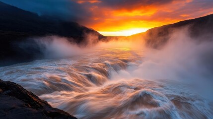River rapids landscapes tranquility concept. river, rapids, dramatic, harmonious, glowing, landscapes A breathtaking sunset over a powerful waterfall, surrounded by mist and dramatic colors.