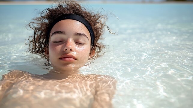 Girl floating in shallow water, peaceful scene, relaxing day, water pool
