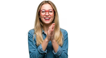 Portrait of blonde woman with red glasses smiling and clapping hands